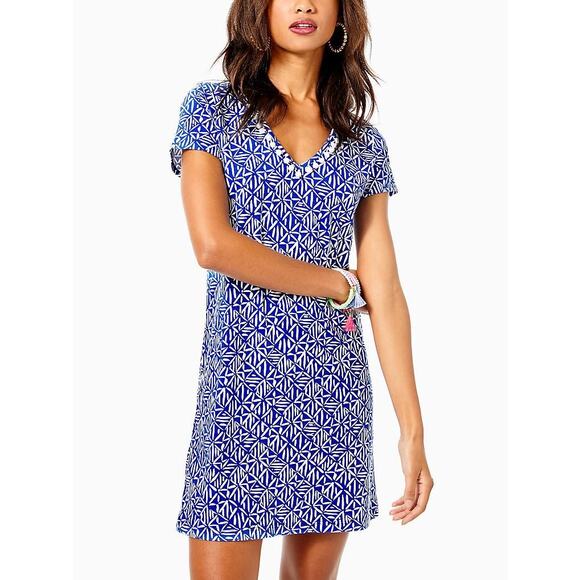 LILLY PULITZER Etta Pompom Shift Dress Corsica Print Blue Size Medium $98 MSRP - Picture 4 of 10